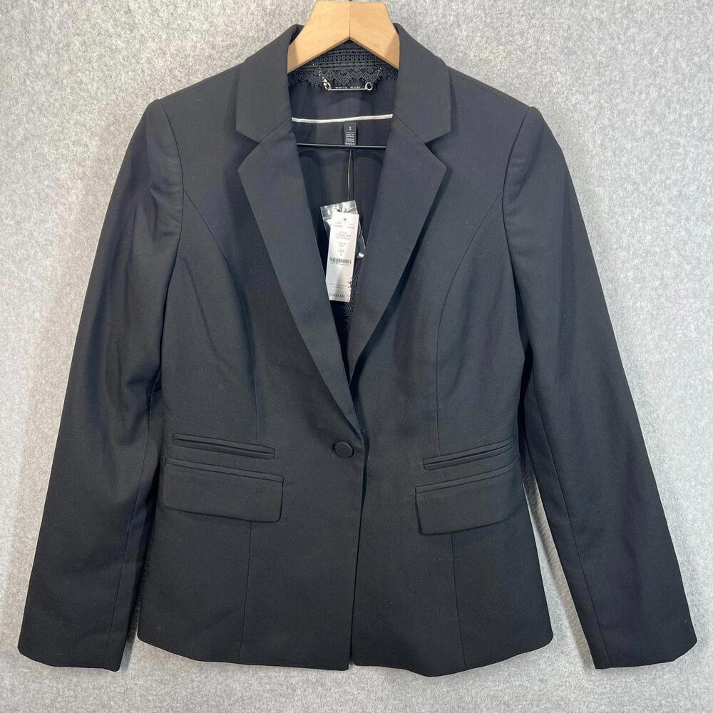 WHITE HOUSE BLACK MARKET WHBM Lace Trim Black Blazer Womens 2 NWT $160 Career